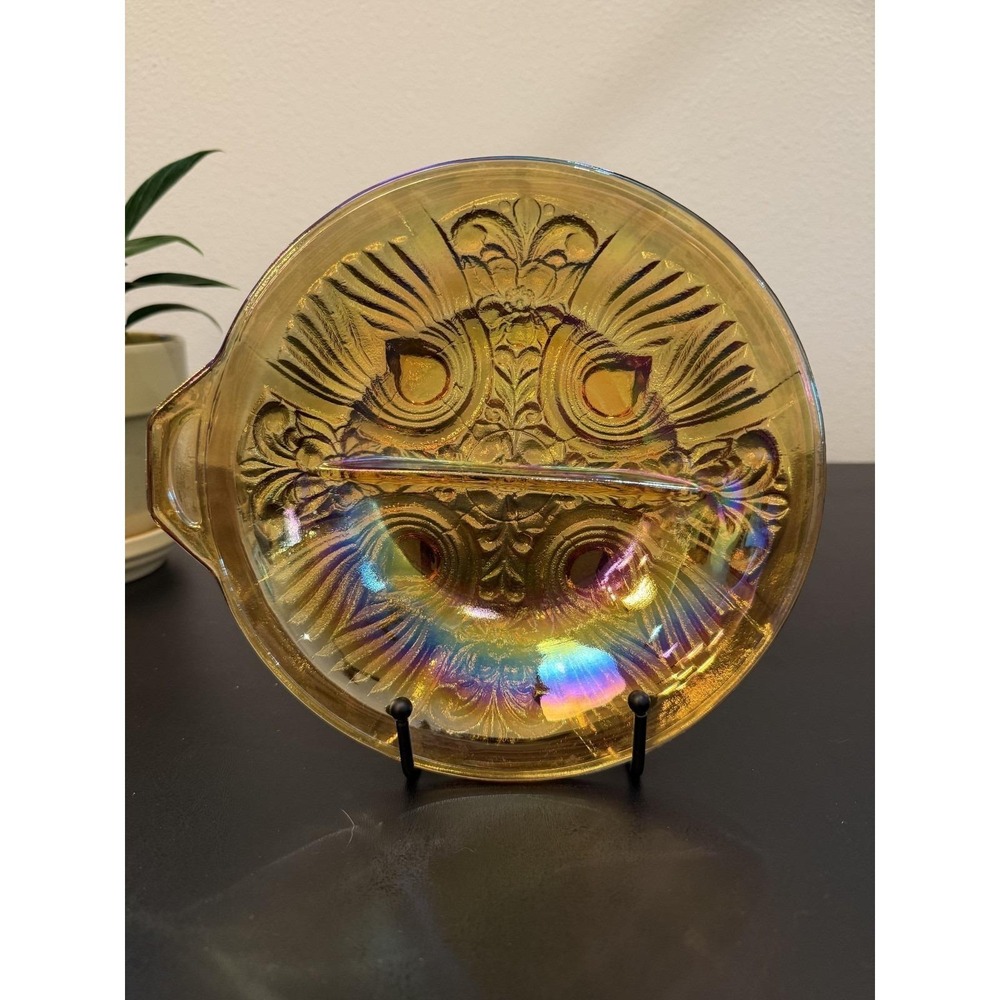 Vtg Indiana Carnival Glass Divided Relish Tray Candy Dish Marigold, Killarney